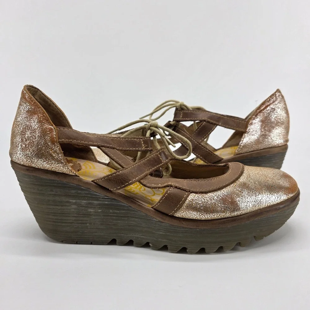 Fly London Yett Wedge Mary Janen Heels Bronze Metallic Leather Shoes sz 40 9-9.5